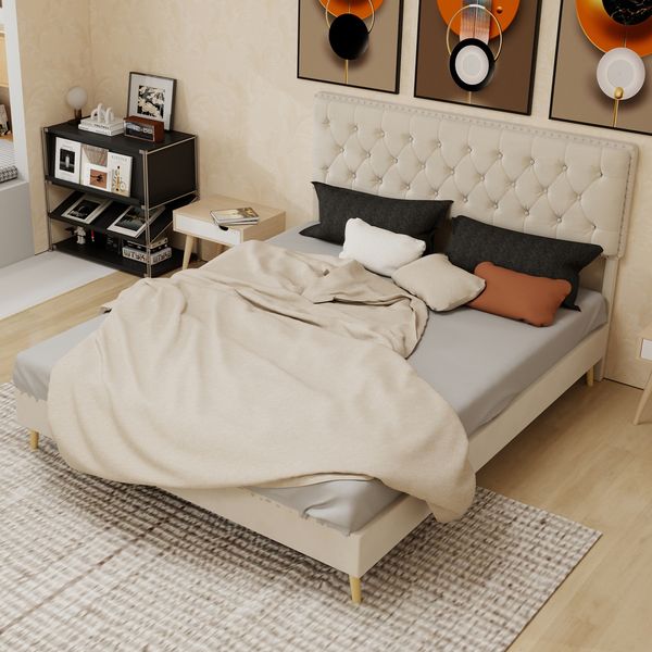Flieks Polsterbett 160x200cm, Doppelbett mit Nietendesign Kopfteil, Samt, Beige