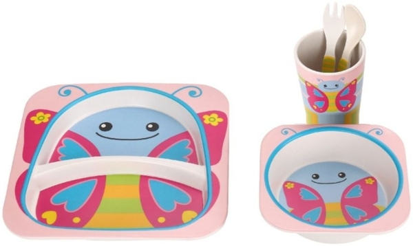 Kindergeschirrset 5-tlg. aus Bambus in Schmetterlingsdesign - robust & bunt