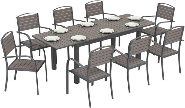 9-teiliges ausziehbares Garten-Essset, Aluminiumtisch, 8 Stühle, Grau