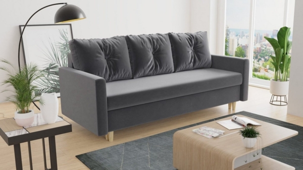 Schlafsofa Rico - Sofa mit Bettkasten, Couch mit Schlaffunktion, Bettfunktion, Bettsofa mit Bonell-Ferderkern, Velours (Grau (Kronos 22))
