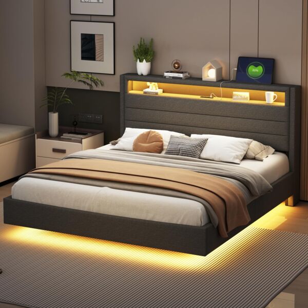 Ball & Cast Bettgestell, Doppelbettgestell, 160x200 cm, Schwebender Visueller Effekt, Bett mit Beleuchtung, Wendbares Kopfteil und Ladestation, Modern, Grau