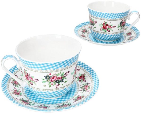 MamboCat Tasse Blüten Blau kariert Jumbotasse 0,4L + Untertasse für 2 Personen, Porzellan