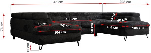 Ecksofa U-Form, mit Bettkasten, Bettfunktion und Einstellbare Kopfstützen, Sofa big XXL - PETER U - Schwarz Plüsch - Topper T25 Bild 8