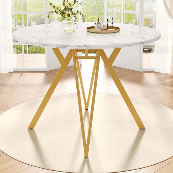 Runder Esstisch MDF Marmoroptik 100cm Metallgestell Verstellbare Füße Stabil Elegant,Weiß & Gold