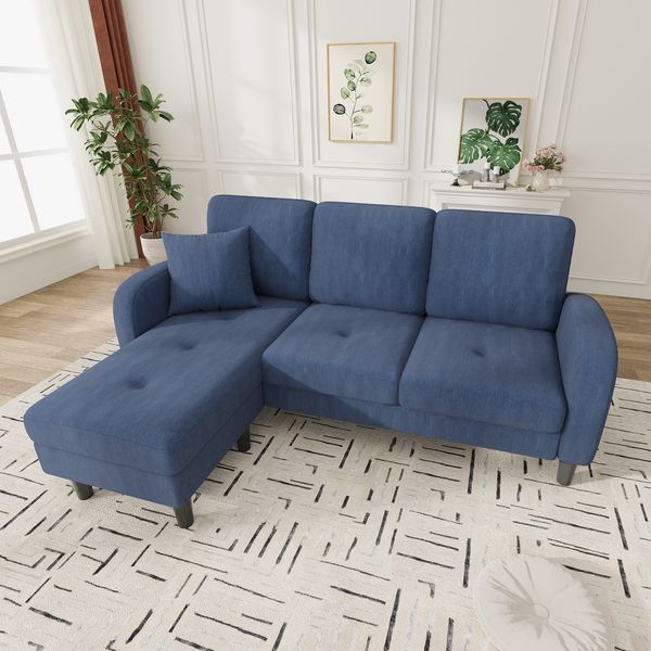 Merax 166 cm L-förmiges Ecksofa mit Chaiselongue – 3-Sitzer Sofa, Cordstoff, Kunststoffbeine, Blau