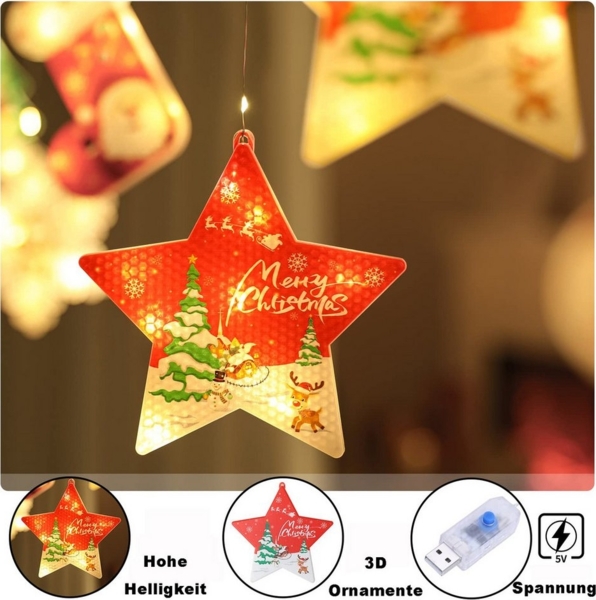 Rosnek LED-Lichterkette Lichtervorhang Innen Dimmbar, 3M Weihnachtsbeleuchtung Fensterlicht, Weihnachtsdeko USB 8 Modi Timer für Wohnzimmer Treppe Balkon Baum Bild 2