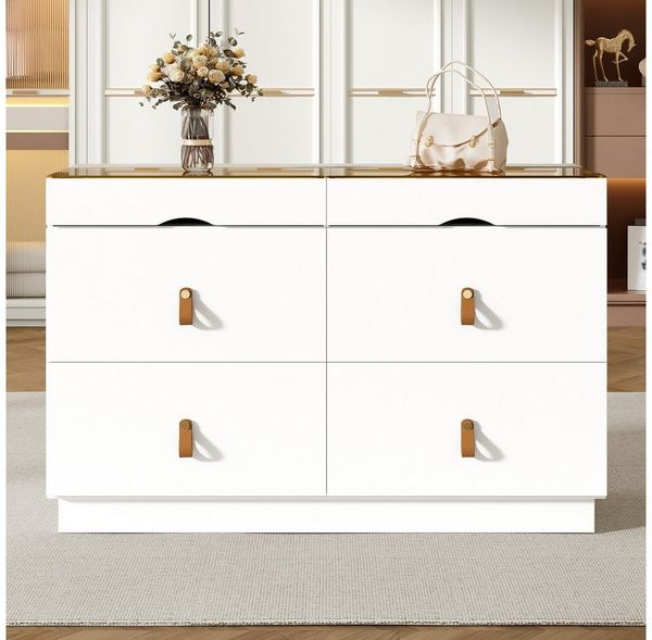 Flieks Kommode mit Glas-Arbeitsplatte, 6 Schubladen und Kunstledergriffen (1 St, B120/T40/H78 cm), Mehrzweckschrank Schmuckschrank Holzschrank Weiß