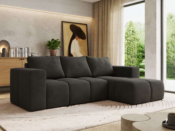Ecksofa mit Schlaffunktion und Bettkasten, L-form Couch, lose Kissen, Polstersofa - MONIVA - Dunkelgrau Velours - rechte Seite