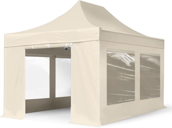 3x4,5 m Faltpavillon, PREMIUM Stahl 40mm, Seitenteile mit Panoramafenstern, creme