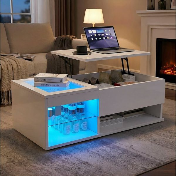 Furnishings Home Couchtisch Höhenverstellbarer LED Wohnzimmertisch Kaffeetisch (1-St, Inkl. Glastischplatte, Doppel-Hebemechanismus, Verstecktem Stauraum), mit LED-Beleuchtung, Aufklappbar
