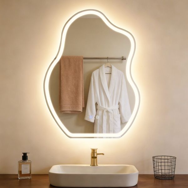 ZMH Asymmetrischer LED Badspiegel 60x80 cm Wandspiegel IP44 Touch Schalter Entfogger Funktion dimmbar