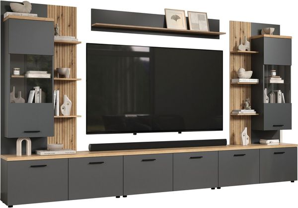 Home affaire Wohnwand Bajo, (6-St), Set bestehend aus: 3x TV-Lowboards, 2x Hängevitrinen, 1x Wandboard