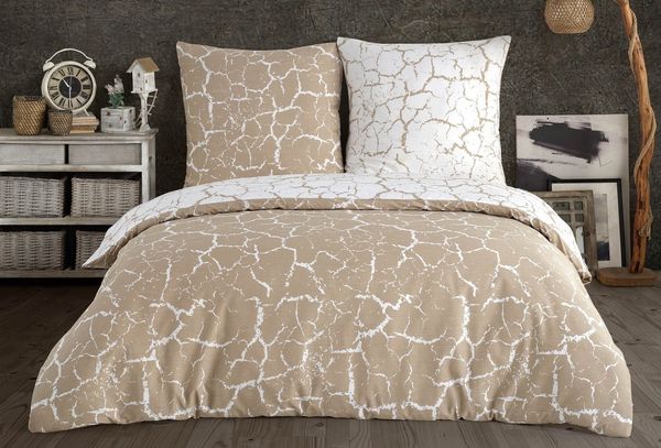 Buymax Bettwäsche, Renforce: 100% Baumwolle, 2 teilig, 135x200 cm, mit Reißverschluss, Muster Marmor, Beige, Weiß