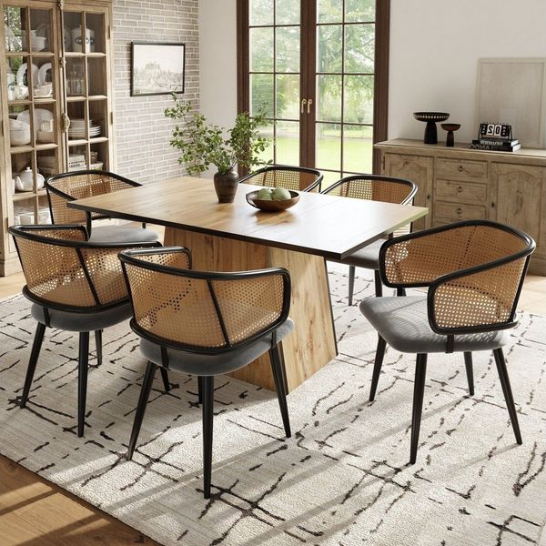 Flieks Esszimmerstuhl (Set, Eisengestell, 6 St), 6er Set Polsterstühle mit Armlehnen Rattanstuhl Samt Wohnzimmer