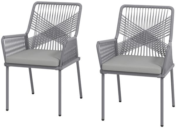 Gartenstuhl-Set aus Rattan, 2er Set mit Kissen & Armlehnen, 61 x 57 x 84 cm, Dunkelgrau