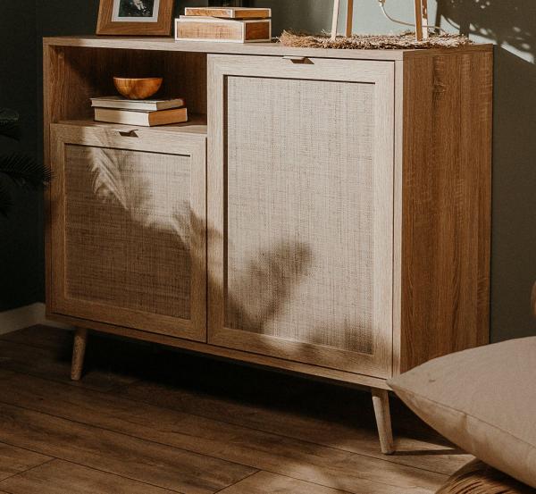 Kommode Niran Sonoma Eiche mit Bast - Dekor 102 cm