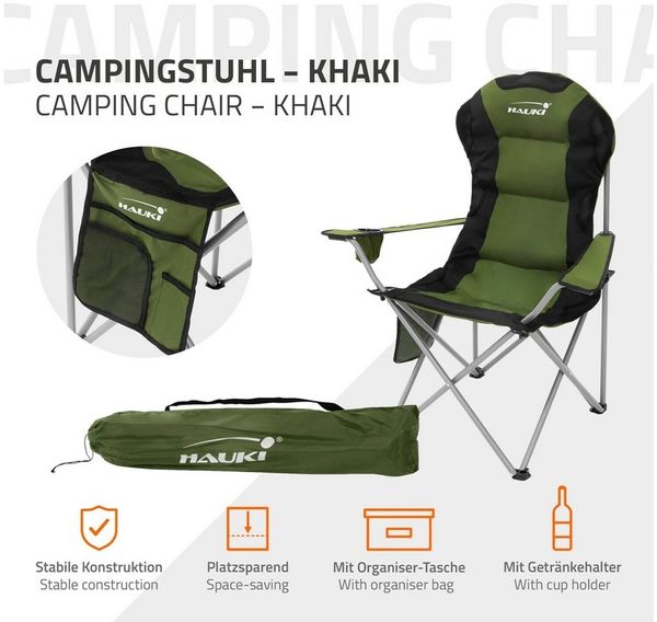 Hauki Campingstuhl Faltstühl faltbar mit Getränkehalter & Tragetasche bis 150kg (2 St), 2x Klappstuhl 56x95x110cm Khaki Angelstuhl mit Hochlehner Gepolster