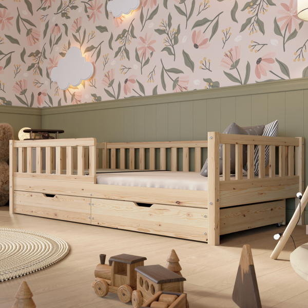 Crazy Pine 'Crazy Basic' Kinderbett mit Rausfallschutz, Skandinavisches Design, Holz, Natur, 100x200 cm, mit Schublade