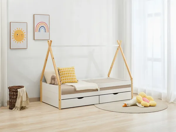Vente-unique - LUANCO Bett Holz, PlatteHolz, Platte BeigeWeiß - B 97 cm x H 144 cm x L 199,5 cm