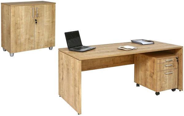 Schreibtisch Set 2 Nuvi, Saphir Eiche Dekor, inkl. Schreibtisch 160 cm, Rollcontainer 3 Schübe & Aktenschrank