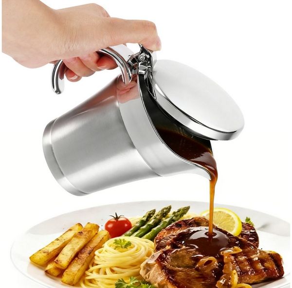 BlingBin Sauciere 500ml Thermo-Sauciere mit Klappdeckel, Soßenspender Doppelwandig, Korpus aus Edelstahl 304 + Deckel aus PP, ABS-galvanisiert, (1er Set, 1-tlg), Saucenbecher für Vanillesoße Soße Sahne Mayonnaise Milch, Silber