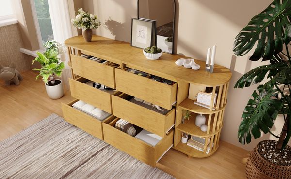 Sideboard 160x40x75 cm, Eiche-Optik mit 6 Schubladen, Bambusregalen und höhenverstellbaren Füßen,Eiche