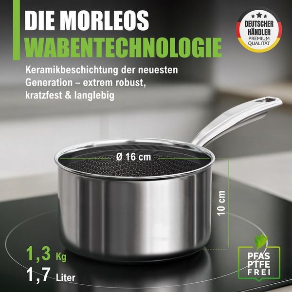 Morleos Kochtopf Ø 20 cm 3 Liter Edelstahl Suppentopf + flachem Glasdeckel, Keramikbeschichtung mit Wabenstruktur aus Edelstahl (moderner flacher Glasdeckel mit Dampfloch, Pro Performance 3.0), kratzfeste Antihaft Keramikbeschichtung