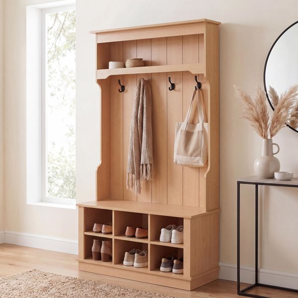 Garderobe HWC-P26, Flurgarderobe Holzgarderobe Sitzbank, 4 Haken Staufach Ablage Melamin 170x100x39cm ~ natur