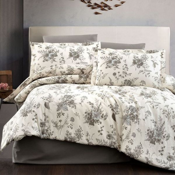 ZIRVEHOME Bettwäsche Baumwolle Bettwäsche-Set Beige Bettbezug Schwarz geblümt Evla V1, Renforce, 4 teilig, Baumwolle Bettbezug Beige mit Blumenmuster in Schwarztönen