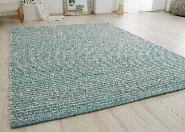 Handweb Teppich Buchenberg, Farbe: Türkis Hellgrau gestreift, Größe: 200x200 cm