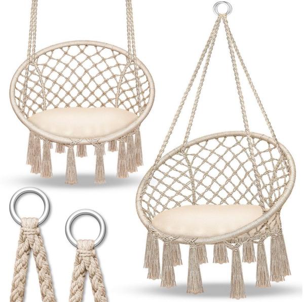 tillvex® Hängesessel Beige 150kg zum Aufhängen | Hängestuhl Indoor | Hängekorb | Schaukelkorb mit Kissen