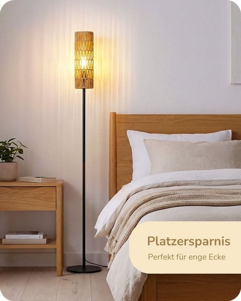 EDISHINE Stehlampe Wohnzimmer 165cm, LED wechselbar, warmweiß, Boho Stehlampe mit Lampenschirm aus gewebtem Seil