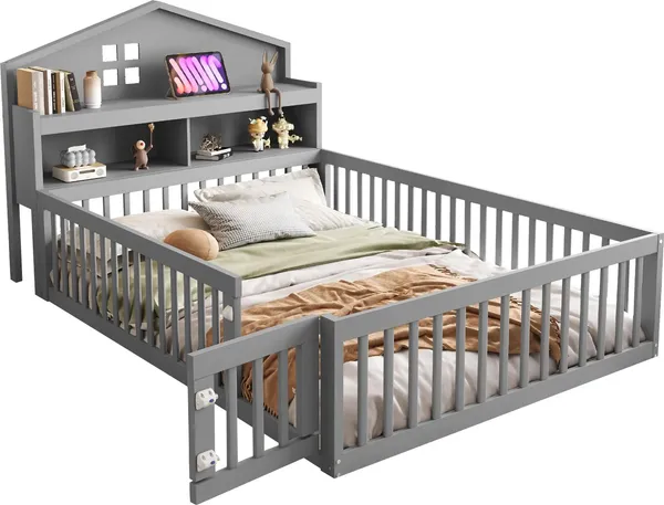 Kinderbett mit Lattenrost und Zaun, 140x200 cm, Rausfallschutz, Stauraum, Regal, Holzbett, Jugendbett, Kiefer