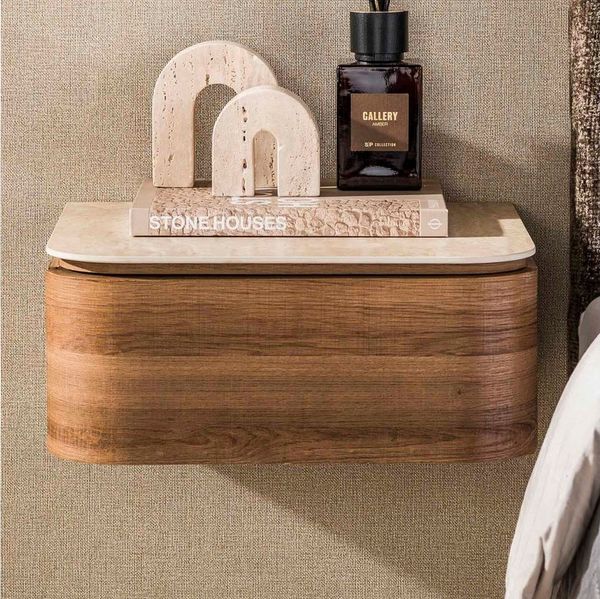 alesvelt Nachttisch CASSETTO TRAVERTIN Schwebende Konsole mit abgerundeten Kanten (1-Tisch), 45 x 40 x 19 cm, Travertin-Design, Eichenholzoptik