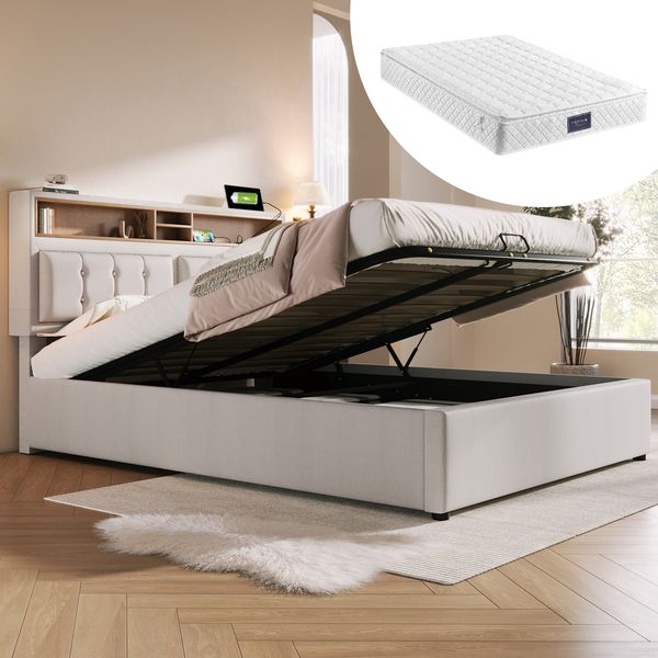 Polsterbett 140x200 cm mit verstellbarem Kopfteil, Steckdosen & USB/Type-C,Stauraum,Leinenstoff beige,inklusive Matratze