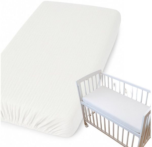 BabyLux Spannbettlaken für Beistellbett 50x90 cm Musselin Bettlaken mit Gummizug, Gummizug: Ja, 50x90_Musselin_Weiß