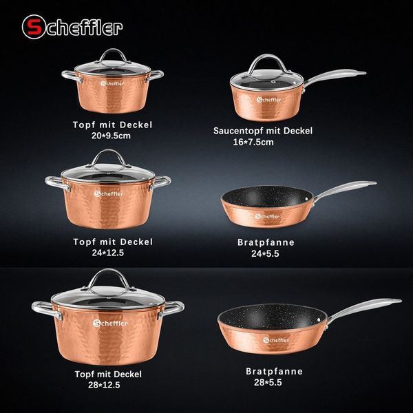 Scheffler Topf-Set 15 tlg Topfset Induktion, Antihaftbeschichtung Töpfe mit Glasdeckel, Aluminium (Set, 24/28 cm Pfannen + 20/24/28 cm Kochtöpfe + 16cm Kasserolle), Induktion