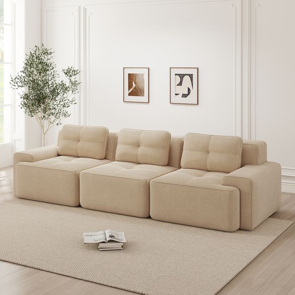 Flieks 3-Sitzer Sofa, Modular Schlafsofa, Tiefsofa mit 3 Kissen, Cord, Beige