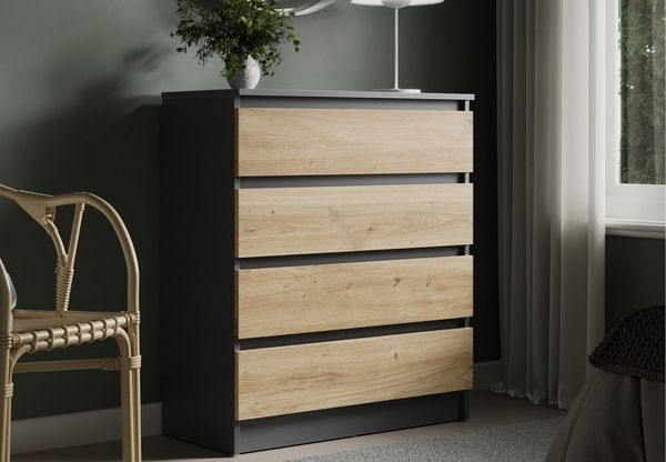 Home Collective Kommode mit 4 Schubladen Kommode schmal Holz Schrank (Highboard Anrichte Schlafzimmer Wohnzimmer Flur Büro Organizer), Kommode 76 cm breit Schrank mit Schubladen Anthrazit / Artisan Eiche