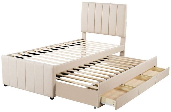 BlingBin Polsterbett Jugendbett mit Ausziehbett und 3 Schubladen (Jugendbett, Gästebett, 1-tlg, 90 x 200 cm), hautfreundliche Leinenpolsterung, flaches Einzelbett, Kinderbett