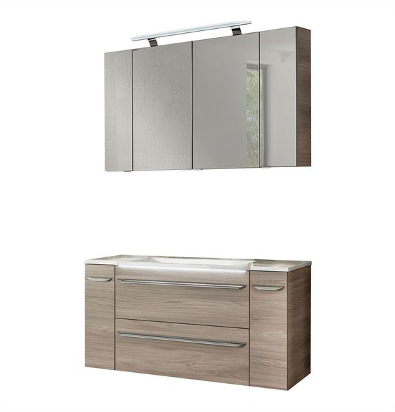 FACKELMANN LUXOR Badmöbel Set 7-teilig 120 cm breit, Braun hell, Waschbecken Gussmarmor Weiß + LED Spiegelschrank + Hängeschränke + Unterschränke mit Spiegelfläche