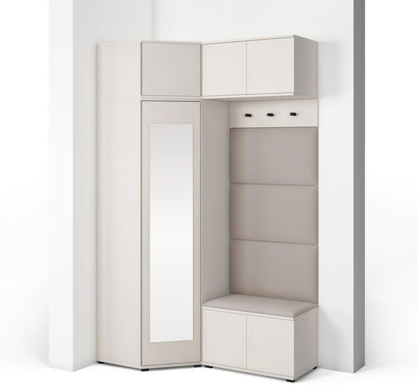 Garderoben-Set Napoli Version 19: Eckschrank mit Polsterpaneelen, Schuhschrank und Schrankaufsatz Flur und Eingangsbereich (Cashmere/Trinity 03), 229 x 70 x 140 cm