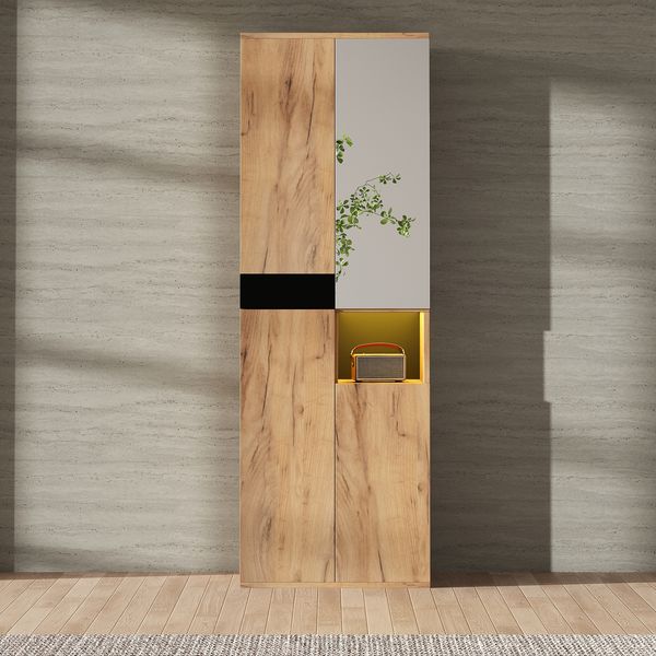 Mehrzweckschrank mit Spiegel 65 x 35 x 190 cm aus Spanplatte in Schwarz/Natur mit 4 Türen