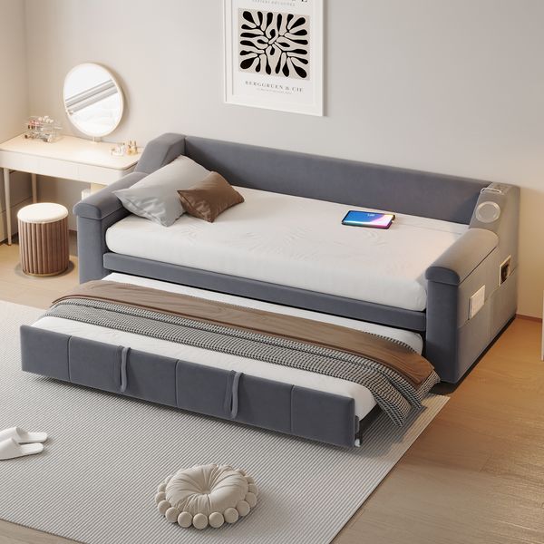 Polsterbett Schlafsofa 90/180x190 cm Samt, hydraulischer Auszug, integrierte Bluetooth-Armlehne mit USB, Grau