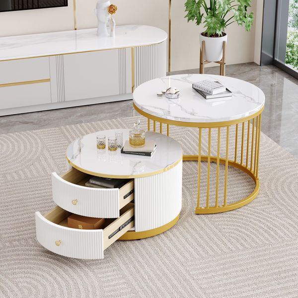 Couchtisch-Set rund, 60 x 60 x 45,5 & 50 x 50 x 32 cm, MDF in weißer Hochglanz-Marmoroptik, 2 Schubladen