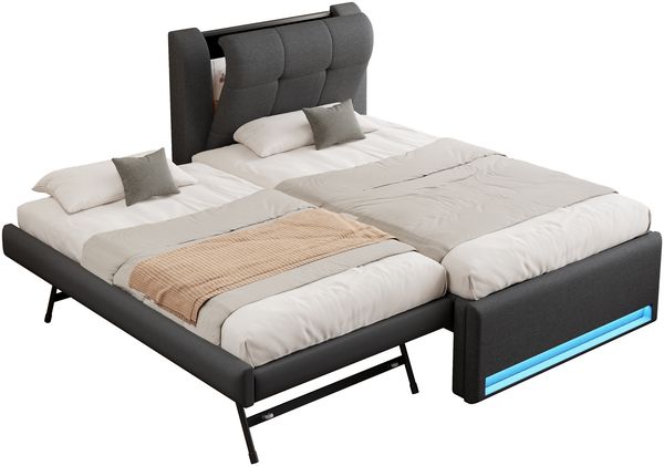 90x200 cm großes Polsterbett mit Ausziehbett, Ausziehbett flach oder aufgestellt, LED-Beleuchtung, Grau