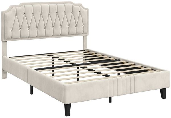 Yaheetech Polsterbett, 160x200 cm, mit höhenverstellbarem Kopfteil, Samt, Beige