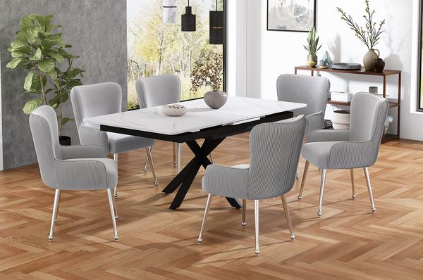 6er-Set Samt-Esszimmerstühle mit Armlehnen, grau/silber, 53x57x83 cm