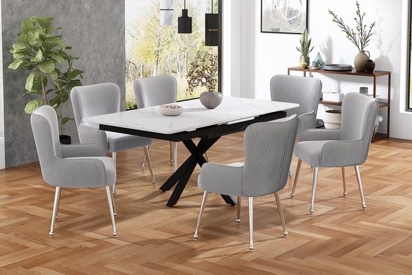 6er-Set Samt-Esszimmerstühle mit Armlehnen, grau/silber, 53x57x83 cm