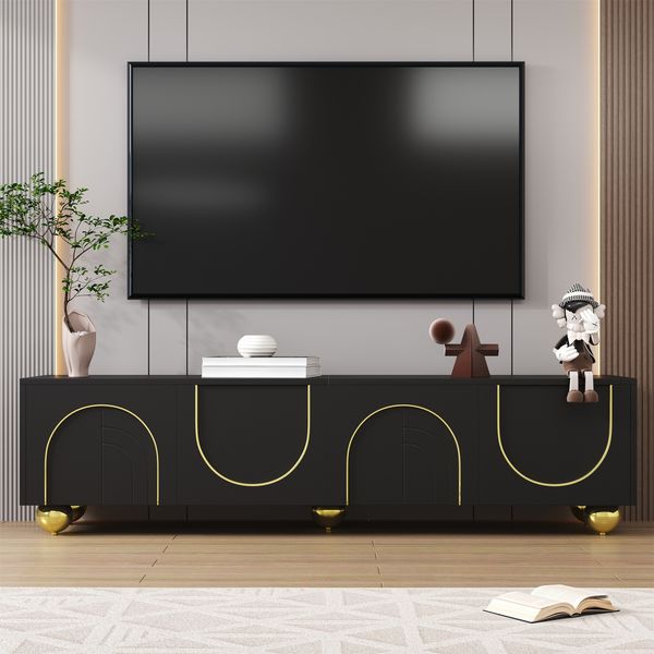 TV-Schrank, lowboard mit strukturierten Türen, goldenen Verzierungen, goldenen runden Beinen, inklusive Einlegeböden, push-to-open